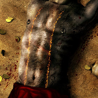 Betrayed Sorcerer - Gothic Metal Album Artwork Design with Body in the Sand, Coins and Skull