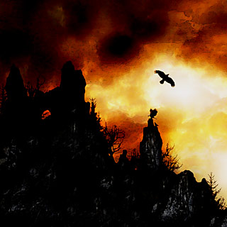 Perfection of Solitude - Tower on the Rocks with Sundown and Ravens Doom Metal Album Artwork Design