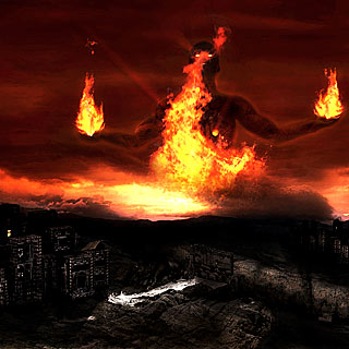The Master, Rising from Ruins - God of Fire over Ruined City Death Metal Album Artwork