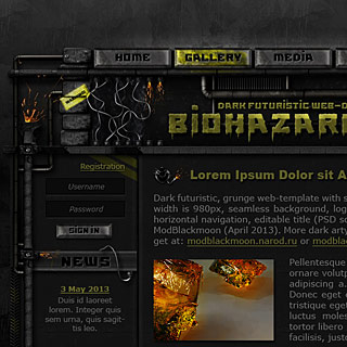 Preview Dark Industrial, Sci-Fi web-template Design with grunge textures, steel pipes, sparkles, wires