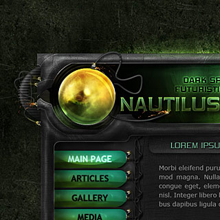 Nautilus Screenshot - Sci-Fi Futuristic Bright web-Design with Glowing Orb, wires and sparkles, spaceship style