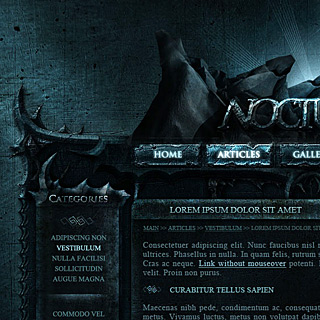 Dark Fantasy, Cold Atmospheric and evil Web-Design Screenshot with Mountains, Spikes and pale Sunrise