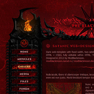 Dark red, infernal web-design Screenshot with satanic fire chalices, gothic vampiric black ornaments and sigils