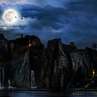 Древний город в скалах, горы и полночь, полнолуние и огни - Арт для Black Doom Metal группы