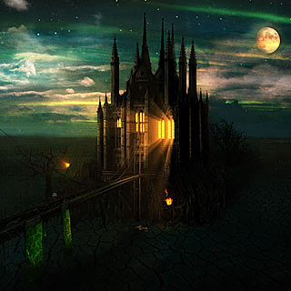 Мистический готичный замок в пустошах, полнолуние, магические огни - Арт Doom Black Metal группы